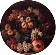 unknow artist A still life of peaches and plums in a glass bowl,grapes,a melon and a pomegranate oil